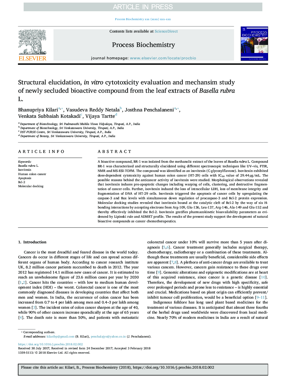 Structural elucidation, in vitro cytotoxicity evaluation and mechansim study of newly secluded bioactive compound from the leaf extracts of Basella rubra L.