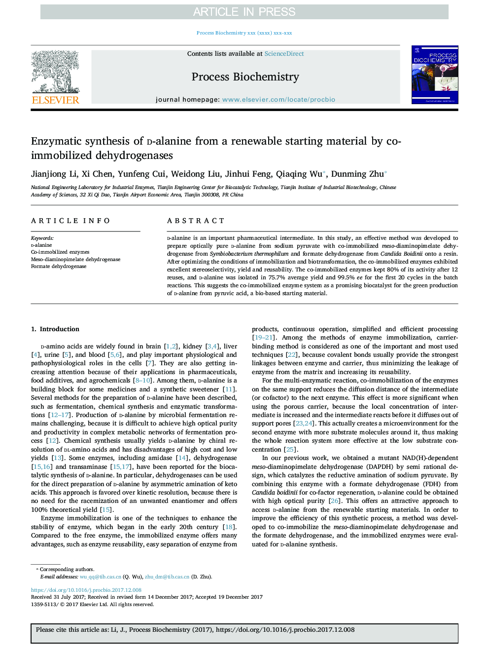 Enzymatic synthesis of d-alanine from a renewable starting material by co-immobilized dehydrogenases