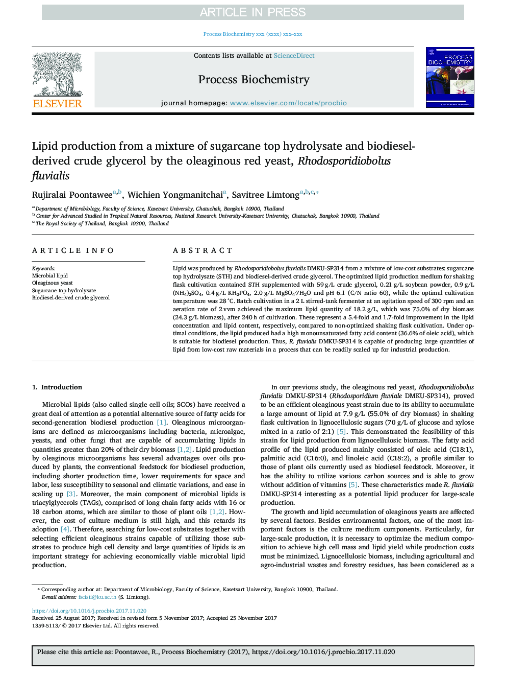 Lipid production from a mixture of sugarcane top hydrolysate and biodiesel-derived crude glycerol by the oleaginous red yeast, Rhodosporidiobolus fluvialis