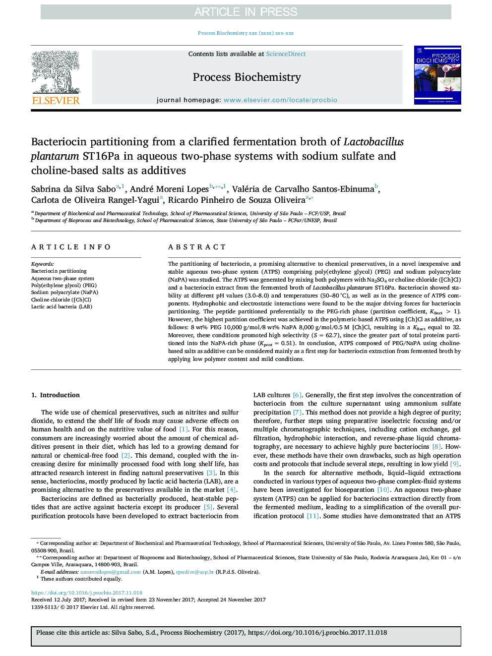 Bacteriocin partitioning from a clarified fermentation broth of Lactobacillus plantarum ST16Pa in aqueous two-phase systems with sodium sulfate and choline-based salts as additives