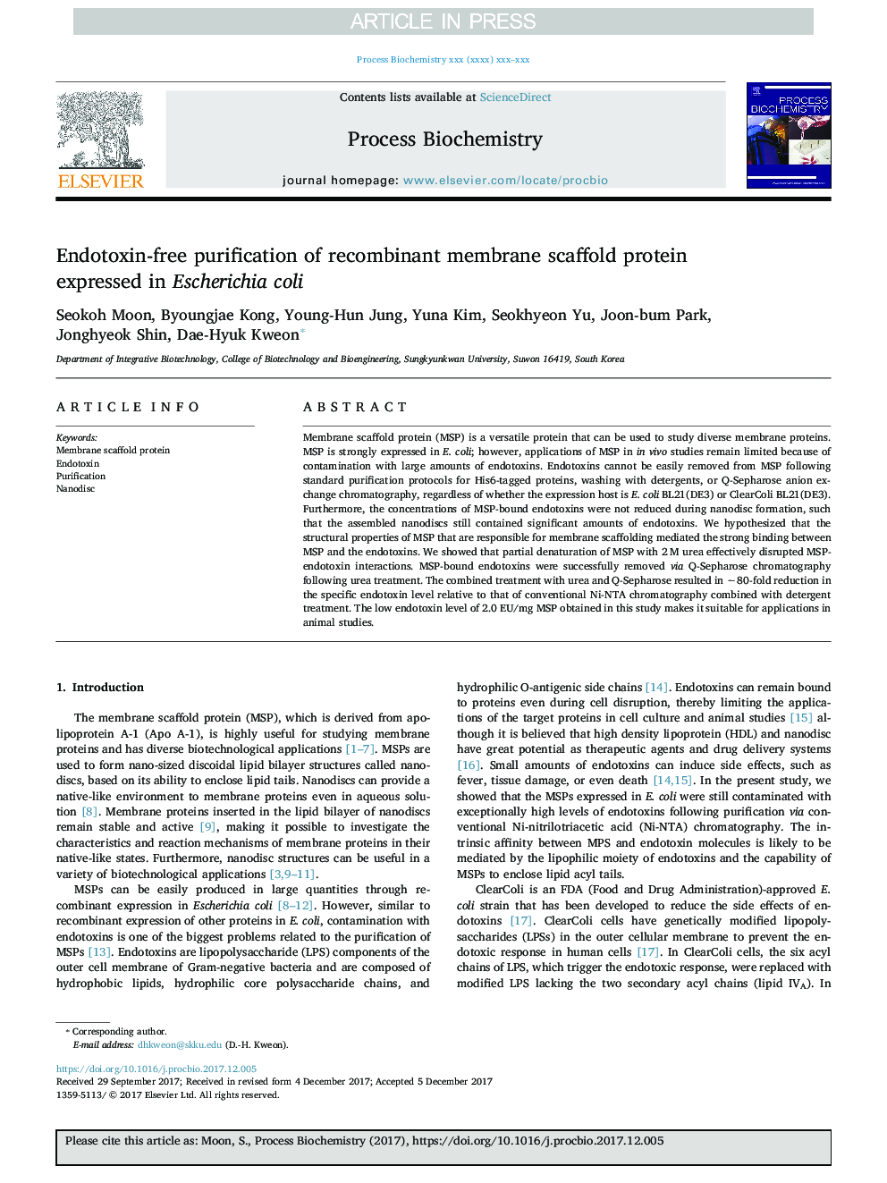 Endotoxin-free purification of recombinant membrane scaffold protein expressed in Escherichia coli