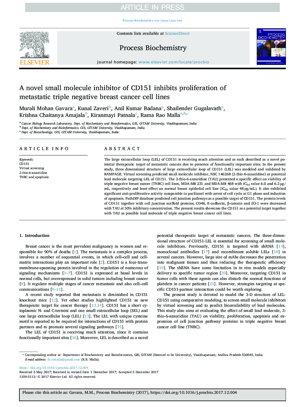 A novel small molecule inhibitor of CD151 inhibits proliferation of metastatic triple negative breast cancer cell lines