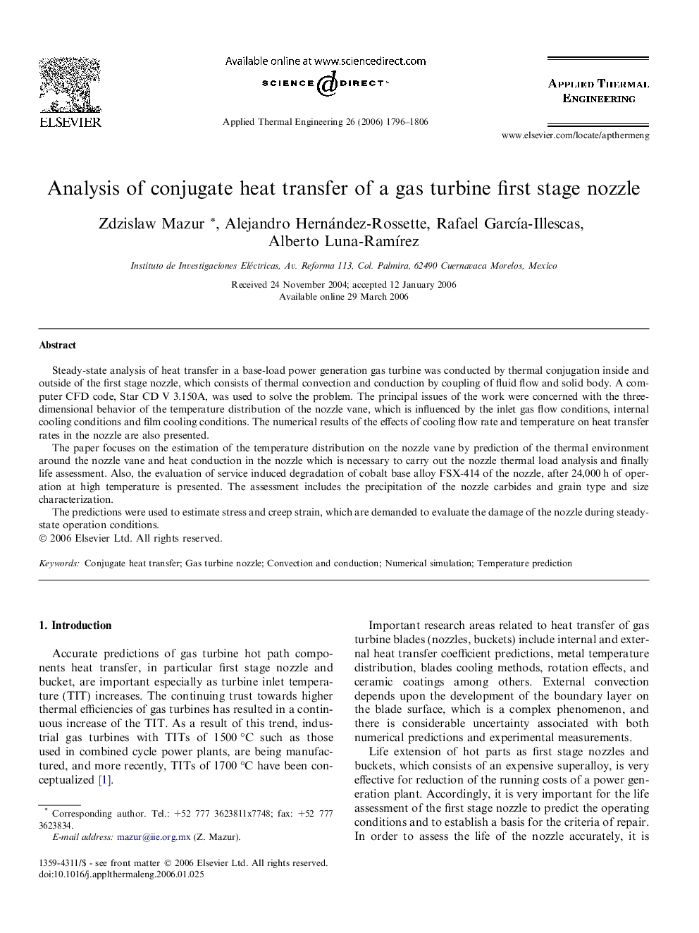 Analysis of conjugate heat transfer of a gas turbine first stage nozzle