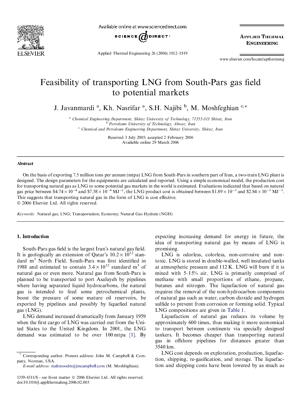 Feasibility of transporting LNG from South-Pars gas field to potential markets