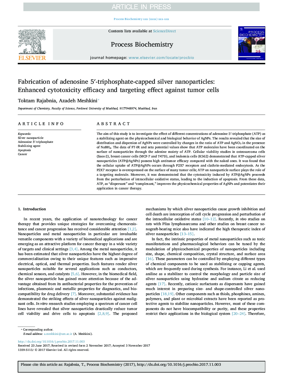Fabrication of adenosine 5â²-triphosphate-capped silver nanoparticles: Enhanced cytotoxicity efficacy and targeting effect against tumor cells