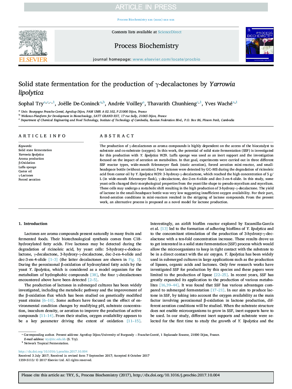 Solid state fermentation for the production of Î³-decalactones by Yarrowia lipolytica