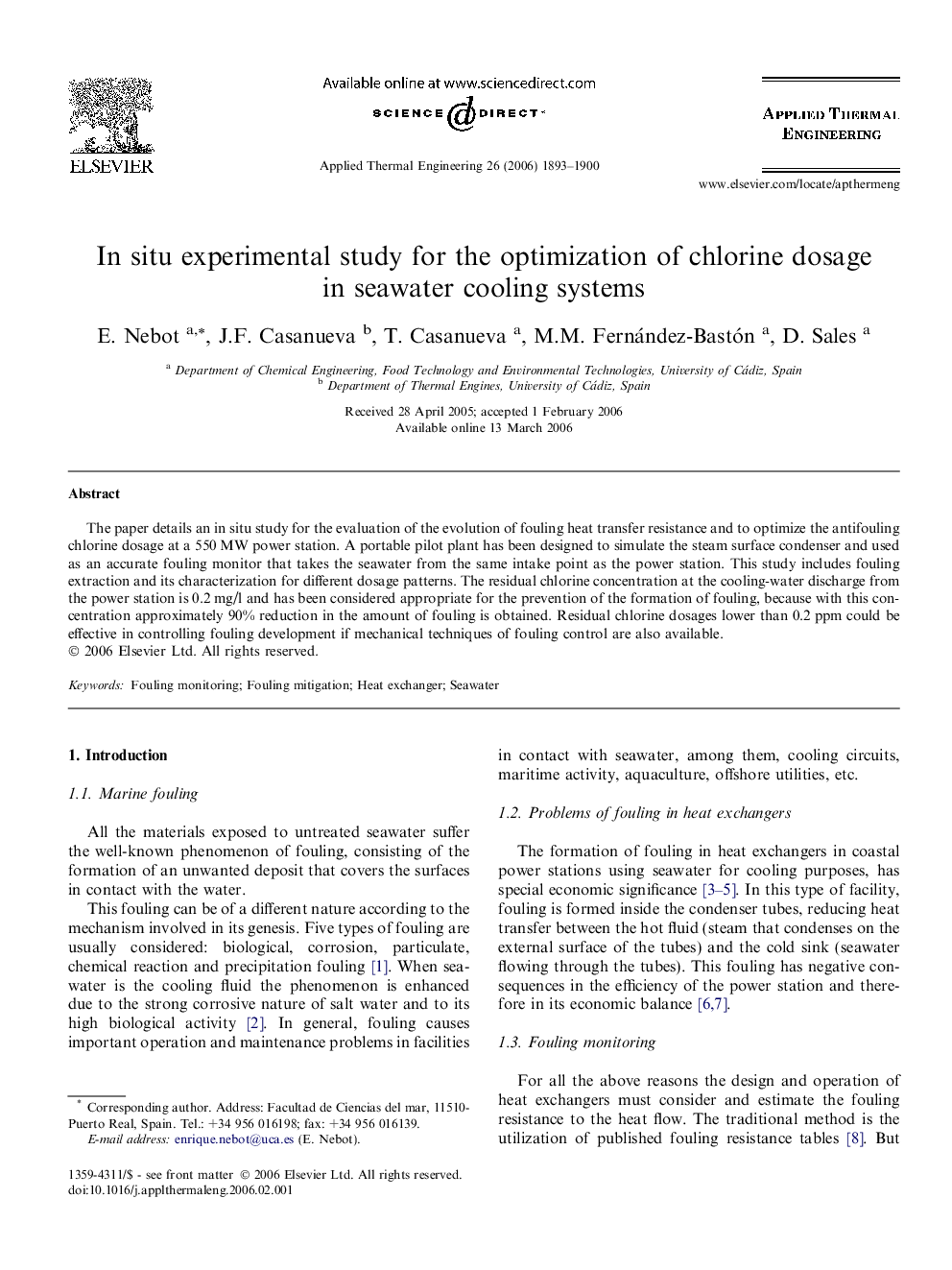 In situ experimental study for the optimization of chlorine dosage in seawater cooling systems