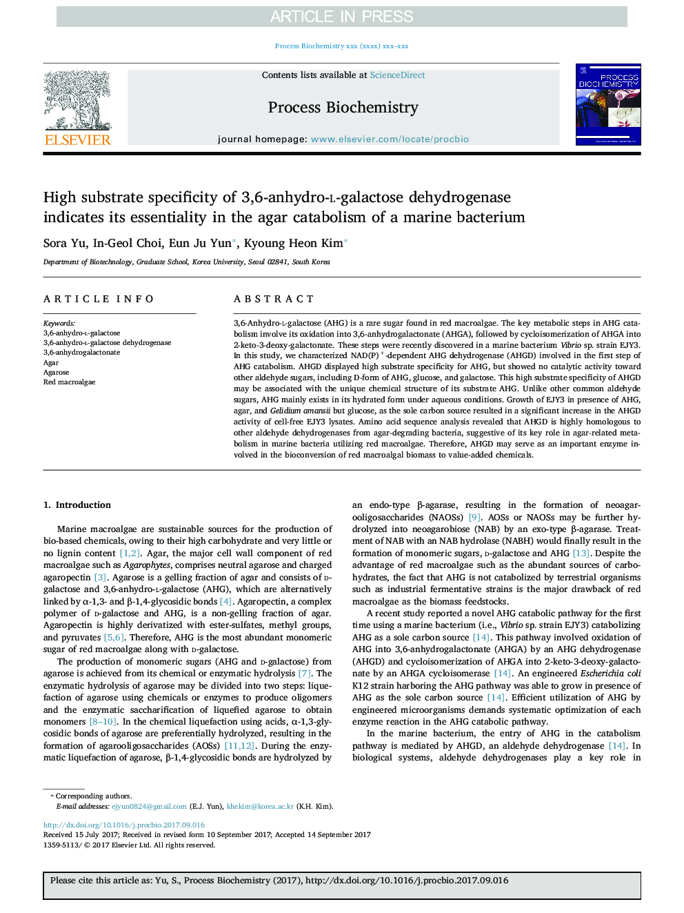 High substrate specificity of 3,6-anhydro-l-galactose dehydrogenase indicates its essentiality in the agar catabolism of a marine bacterium