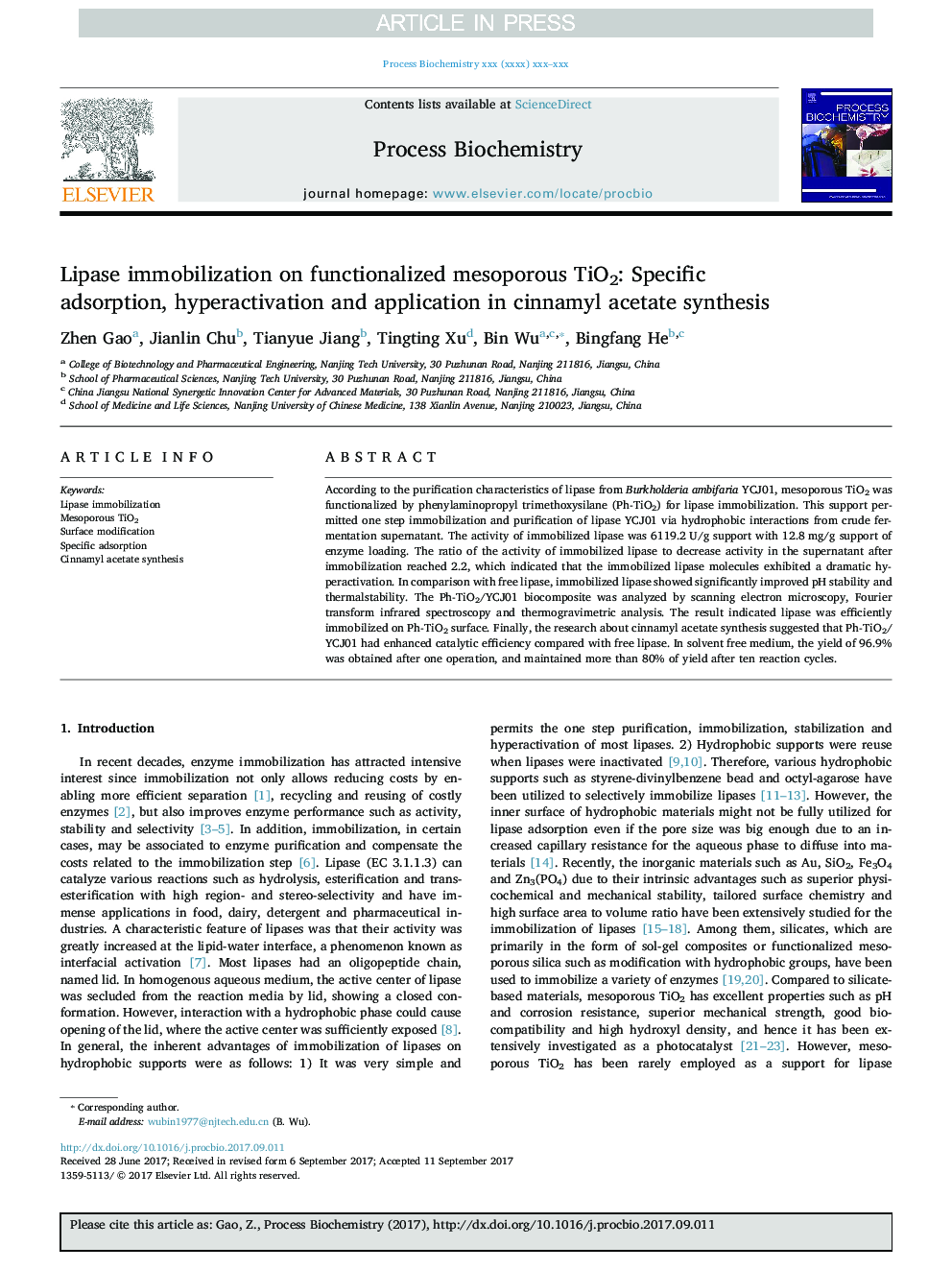 Lipase immobilization on functionalized mesoporous TiO2: Specific adsorption, hyperactivation and application in cinnamyl acetate synthesis