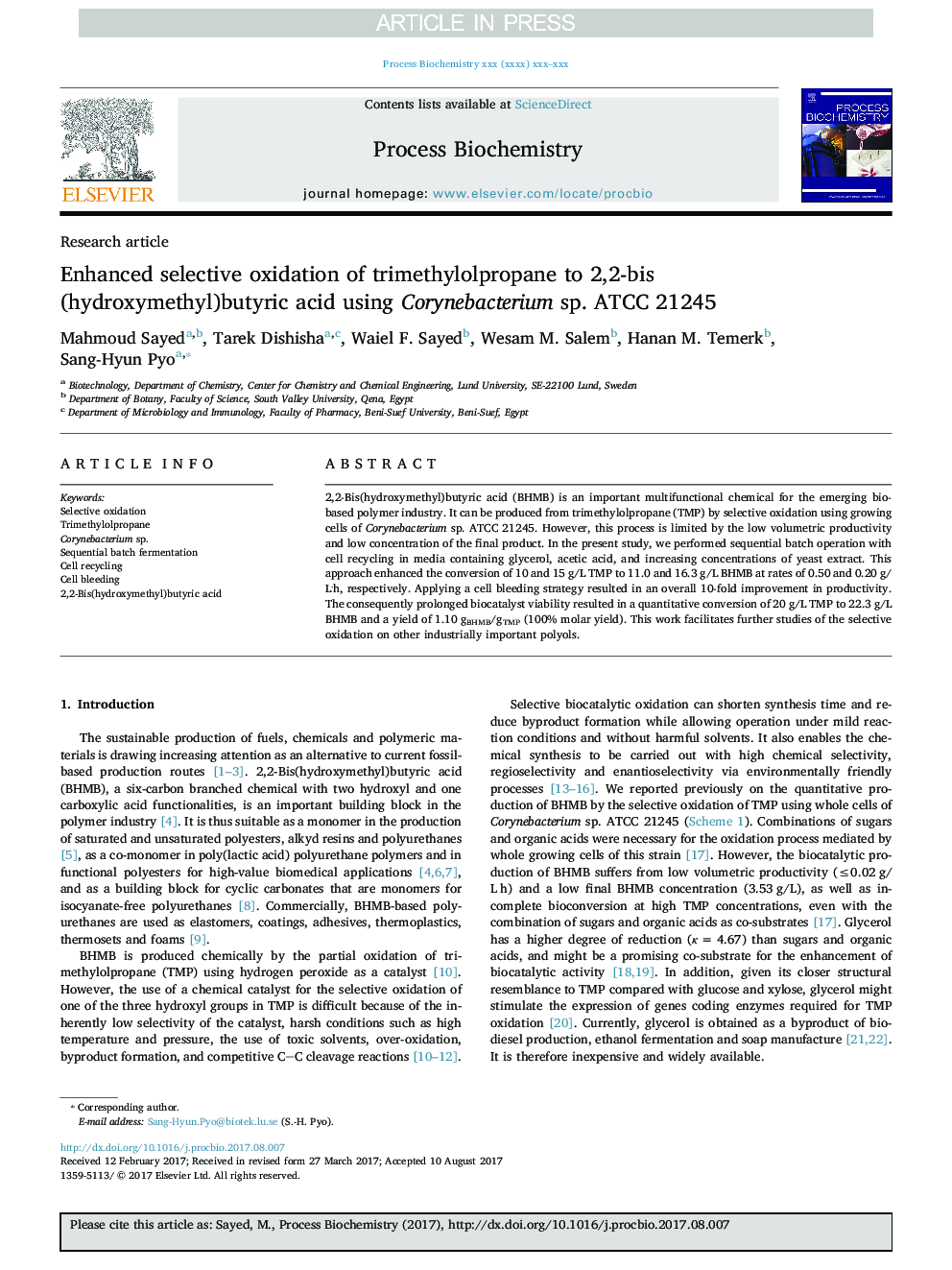 Enhanced selective oxidation of trimethylolpropane to 2,2-bis(hydroxymethyl)butyric acid using Corynebacterium sp. ATCC 21245