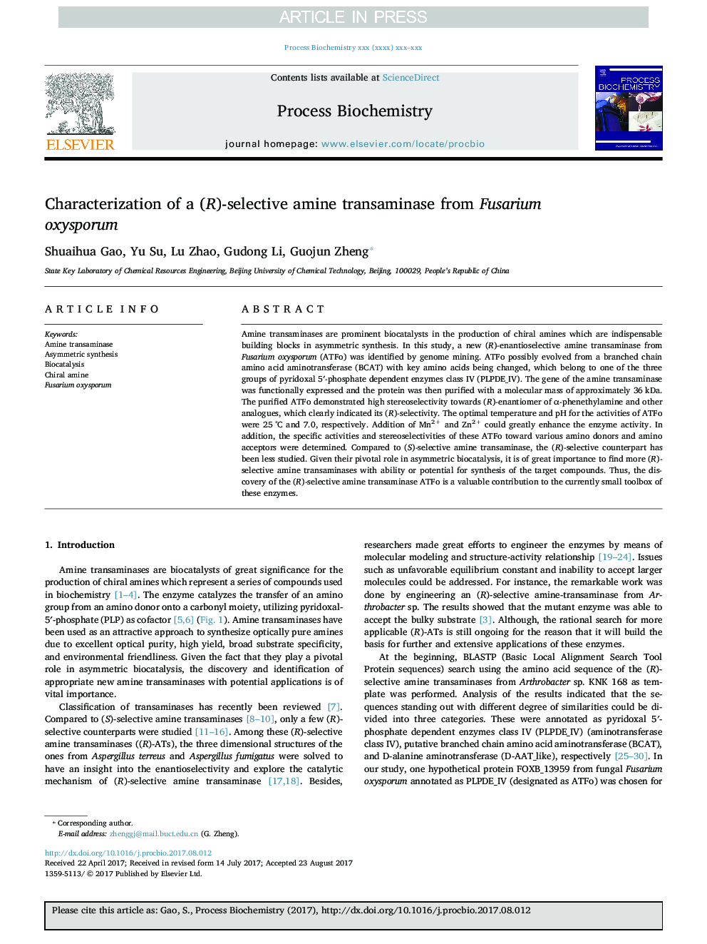 Characterization of a (R)-selective amine transaminase from Fusarium oxysporum