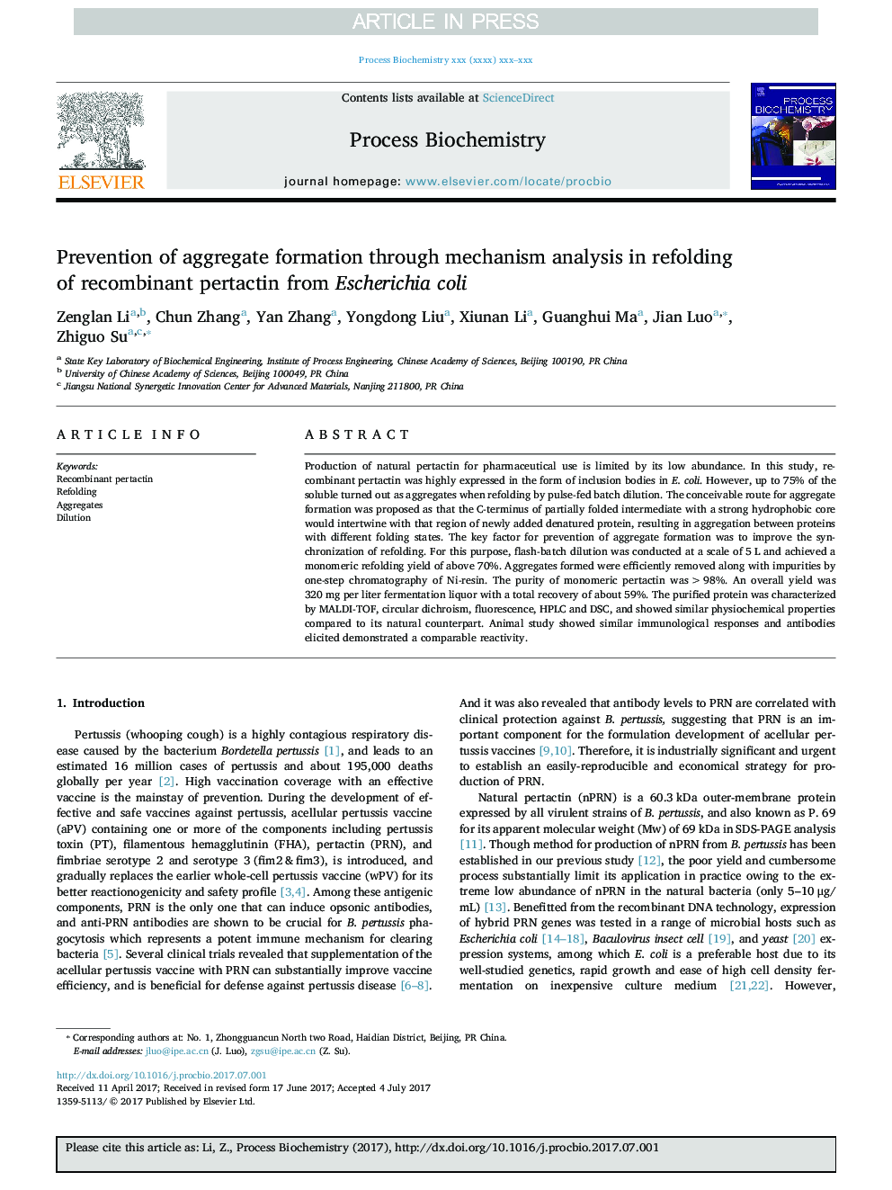 Prevention of aggregate formation through mechanism analysis in refolding of recombinant pertactin from Escherichia coli