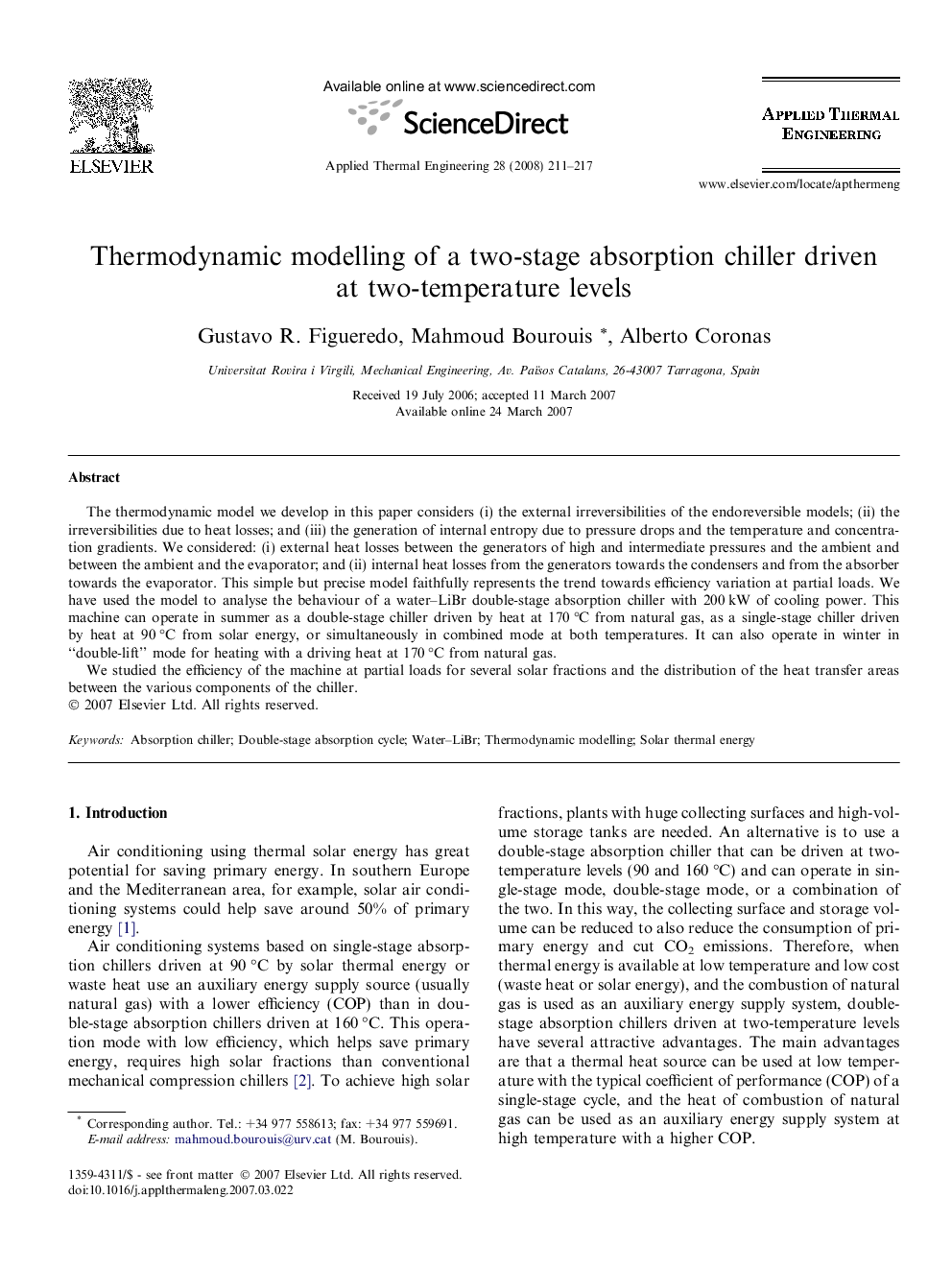 Thermodynamic modelling of a two-stage absorption chiller driven at two-temperature levels