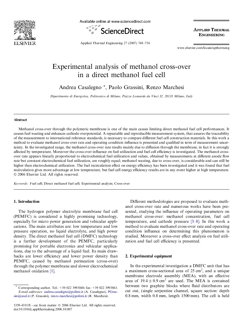 Experimental analysis of methanol cross-over in a direct methanol fuel cell