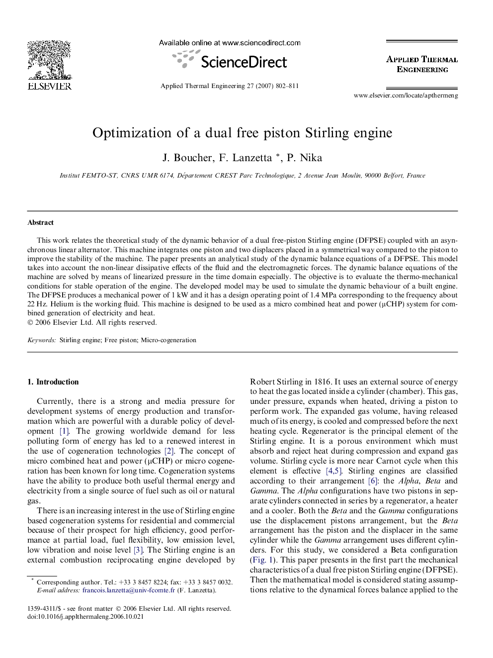 Optimization of a dual free piston Stirling engine