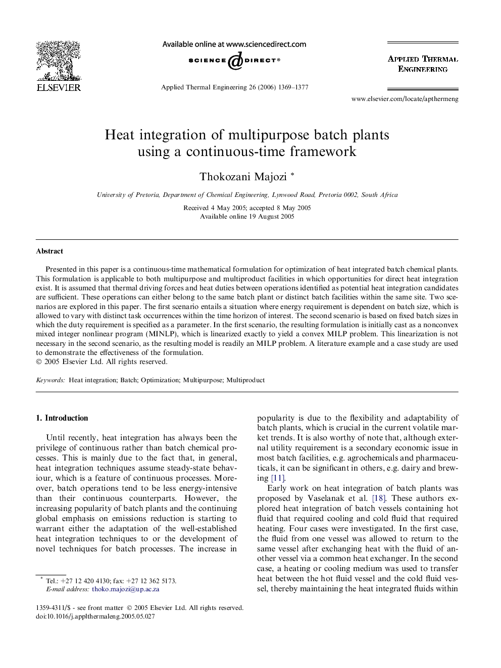 Heat integration of multipurpose batch plants using a continuous-time framework