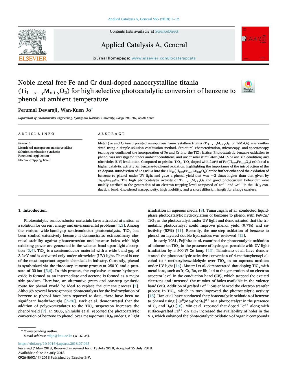 Noble metal free Fe and Cr dual-doped nanocrystalline titania (Ti1âxâyMx+yO2) for high selective photocatalytic conversion of benzene to phenol at ambient temperature