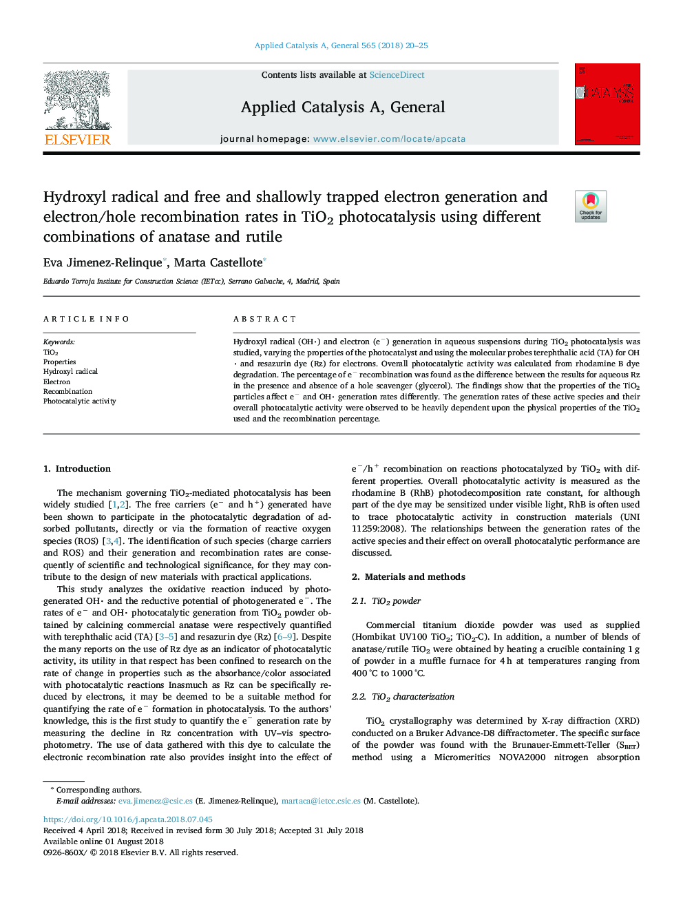 Hydroxyl radical and free and shallowly trapped electron generation and electron/hole recombination rates in TiO2 photocatalysis using different combinations of anatase and rutile