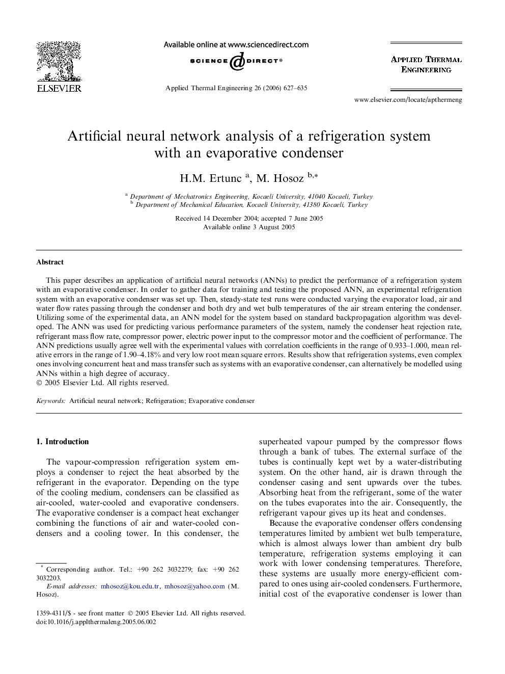Artificial neural network analysis of a refrigeration system with an evaporative condenser