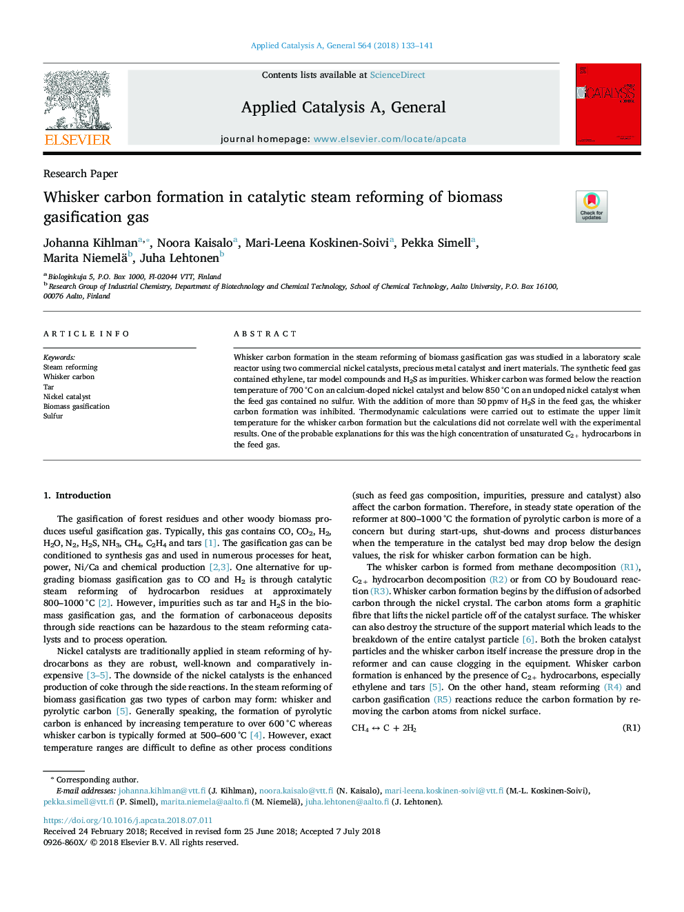 Whisker carbon formation in catalytic steam reforming of biomass gasification gas