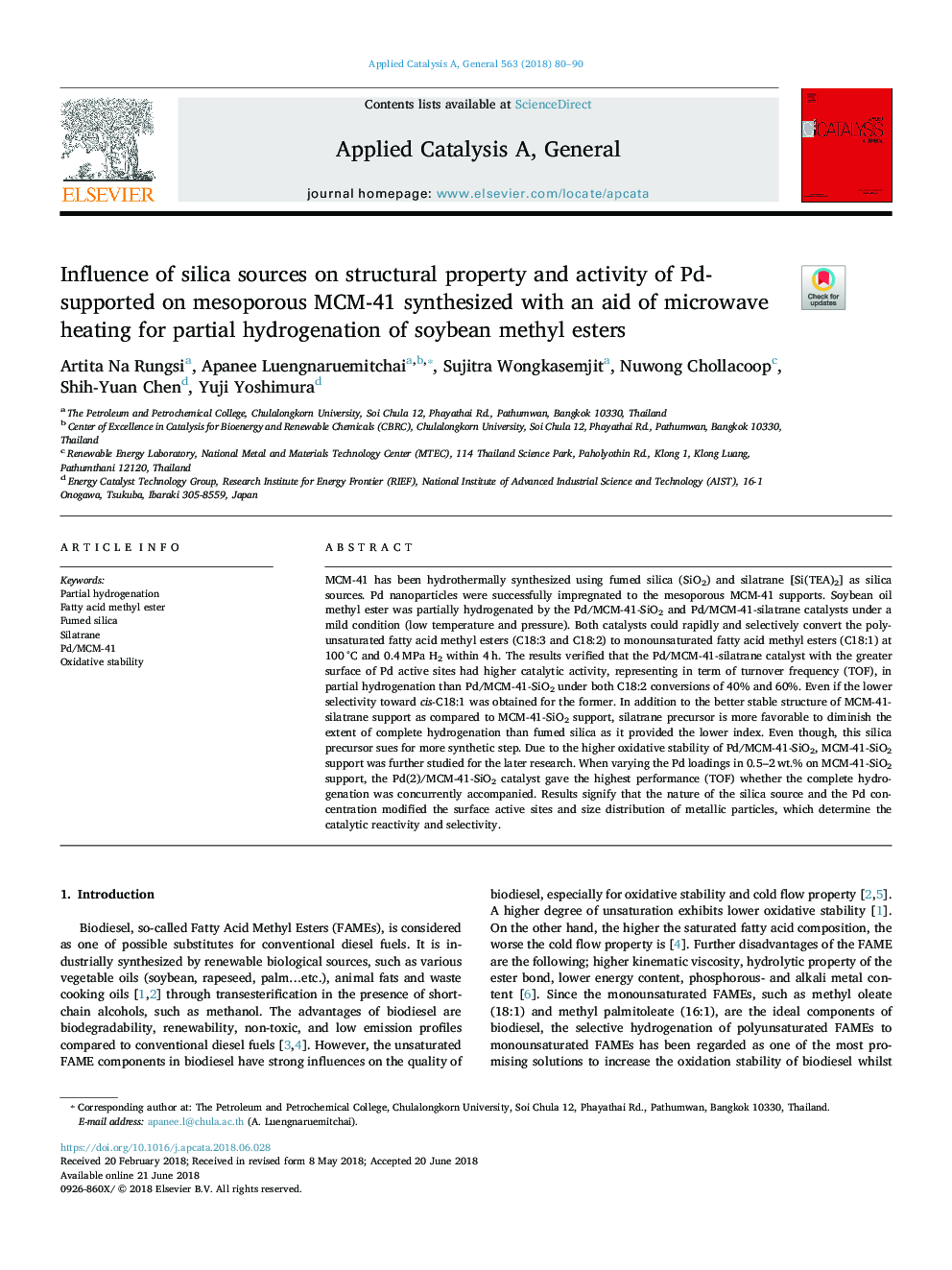 Influence of silica sources on structural property and activity of Pd-supported on mesoporous MCM-41 synthesized with an aid of microwave heating for partial hydrogenation of soybean methyl esters