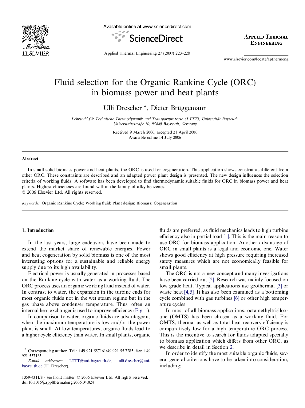 Fluid selection for the Organic Rankine Cycle (ORC) in biomass power and heat plants