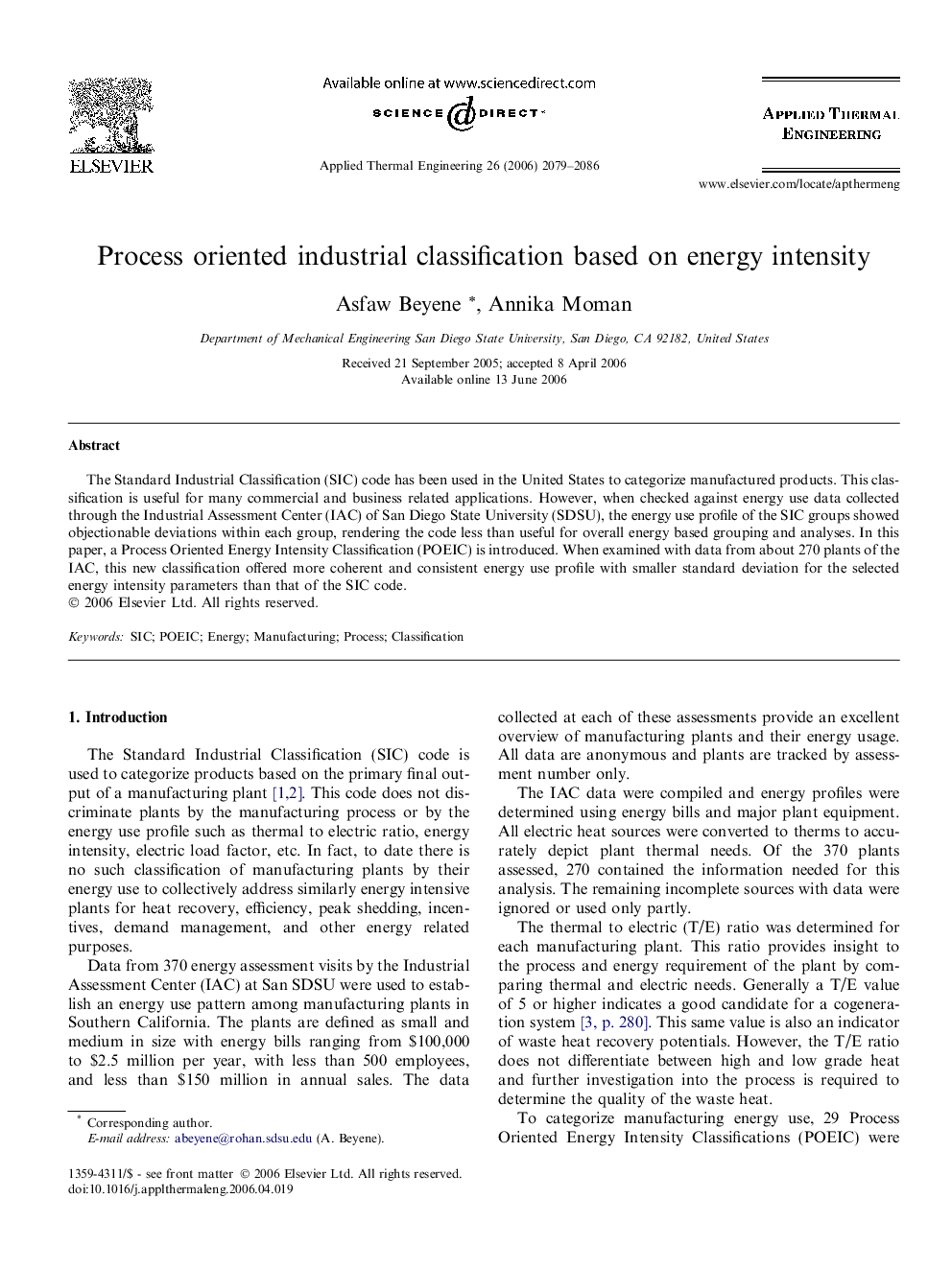 Process oriented industrial classification based on energy intensity