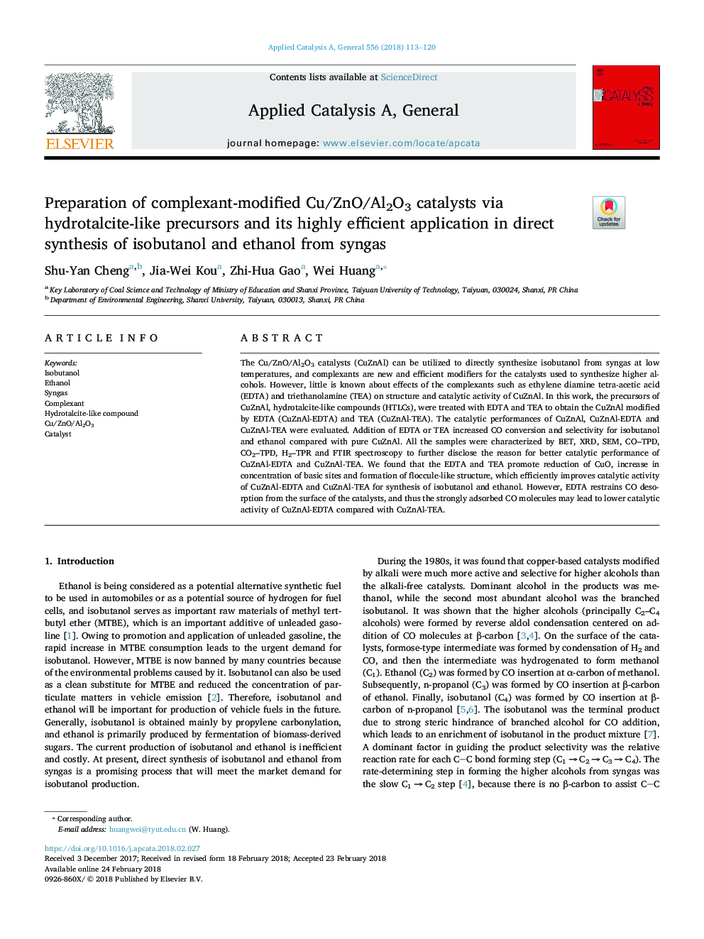 Preparation of complexant-modified Cu/ZnO/Al2O3 catalysts via hydrotalcite-like precursors and its highly efficient application in direct synthesis of isobutanol and ethanol from syngas