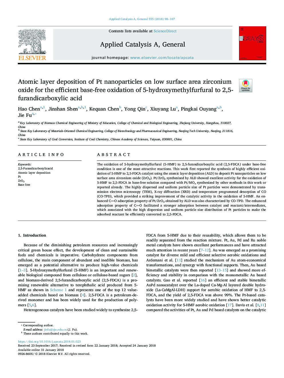 Atomic layer deposition of Pt nanoparticles on low surface area zirconium oxide for the efficient base-free oxidation of 5-hydroxymethylfurfural to 2,5-furandicarboxylic acid