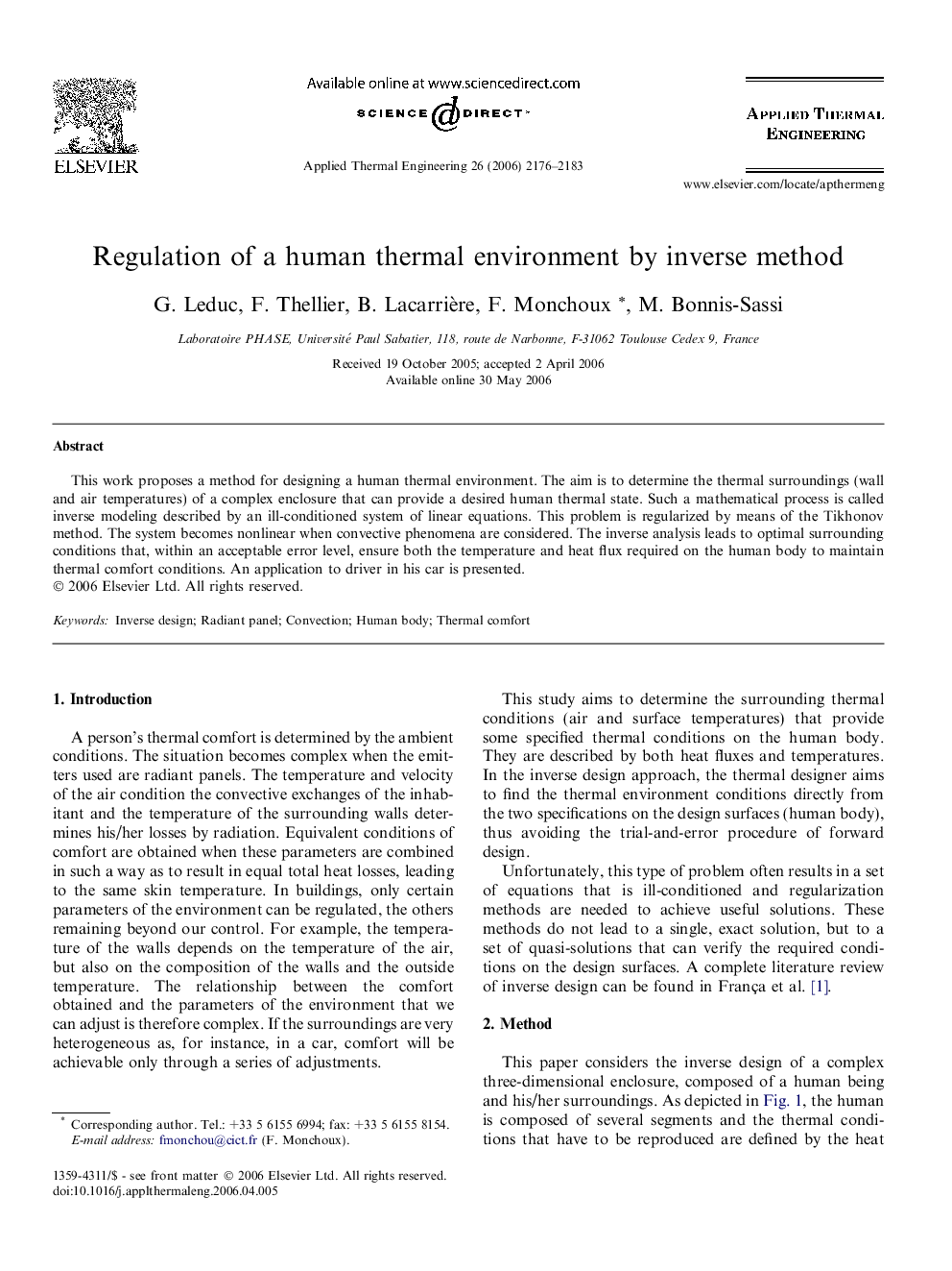 Regulation of a human thermal environment by inverse method