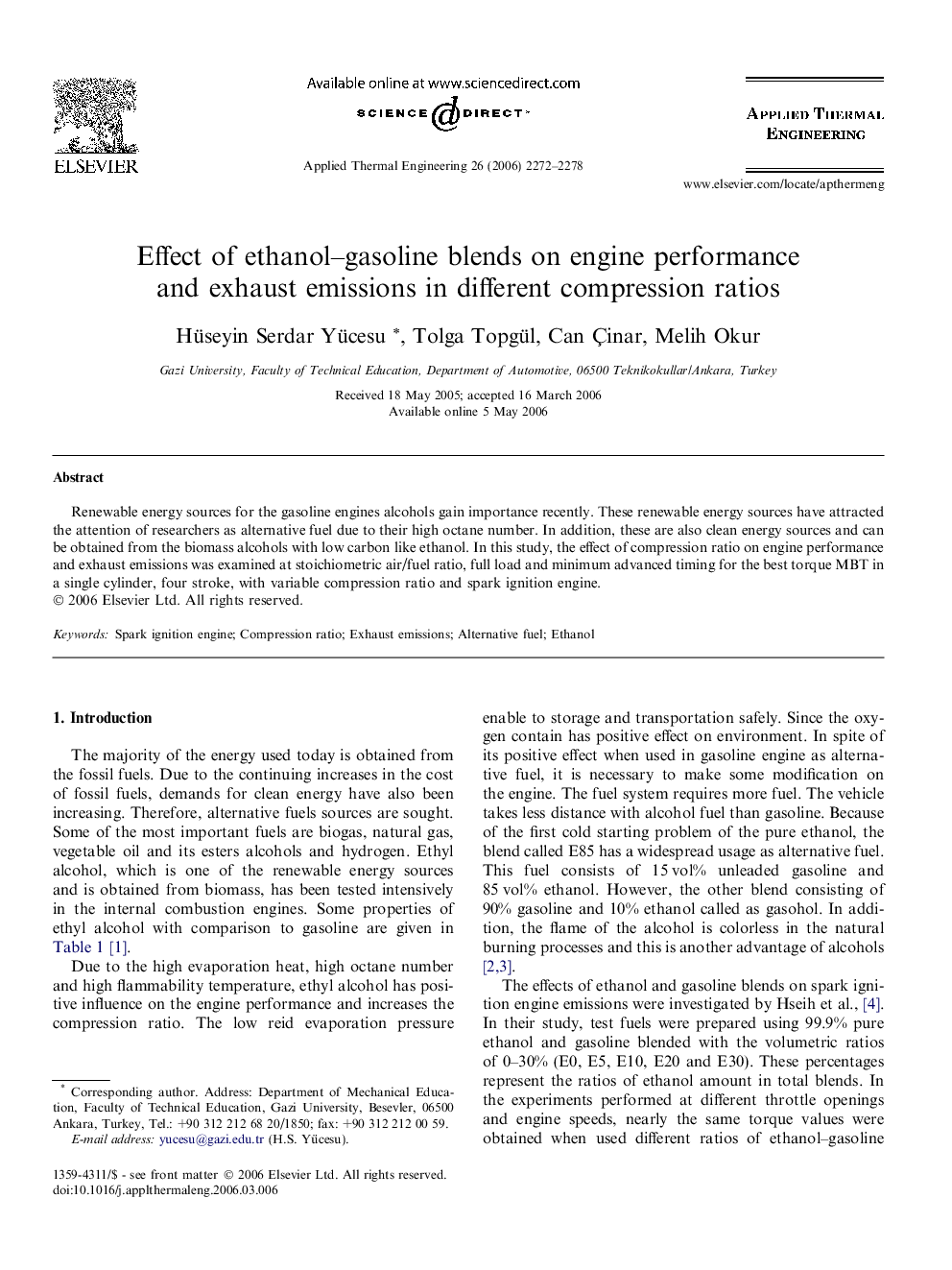 Effect of ethanol–gasoline blends on engine performance and exhaust emissions in different compression ratios