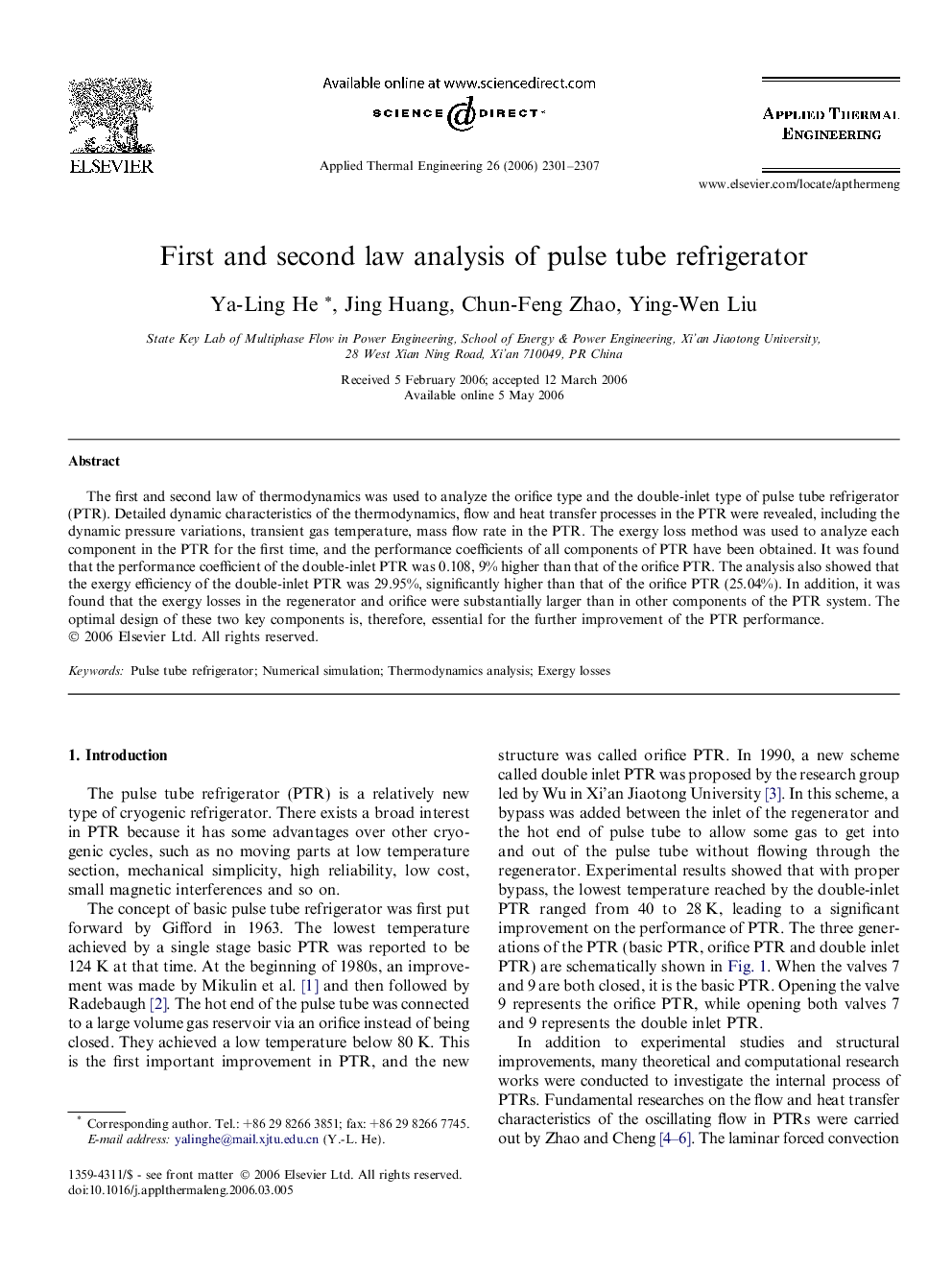 First and second law analysis of pulse tube refrigerator