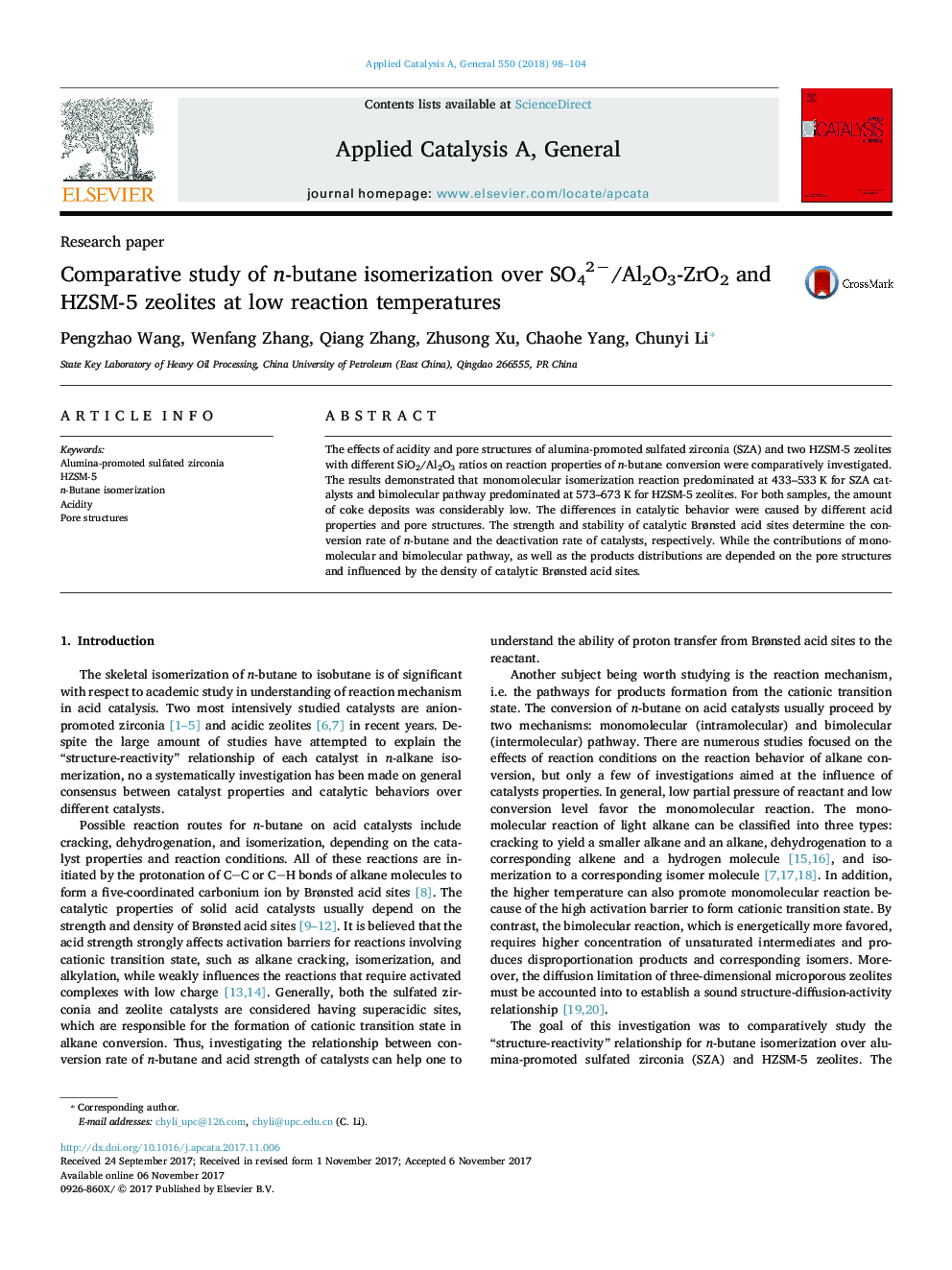 Comparative study of n-butane isomerization over SO42â/Al2O3-ZrO2 and HZSM-5 zeolites at low reaction temperatures