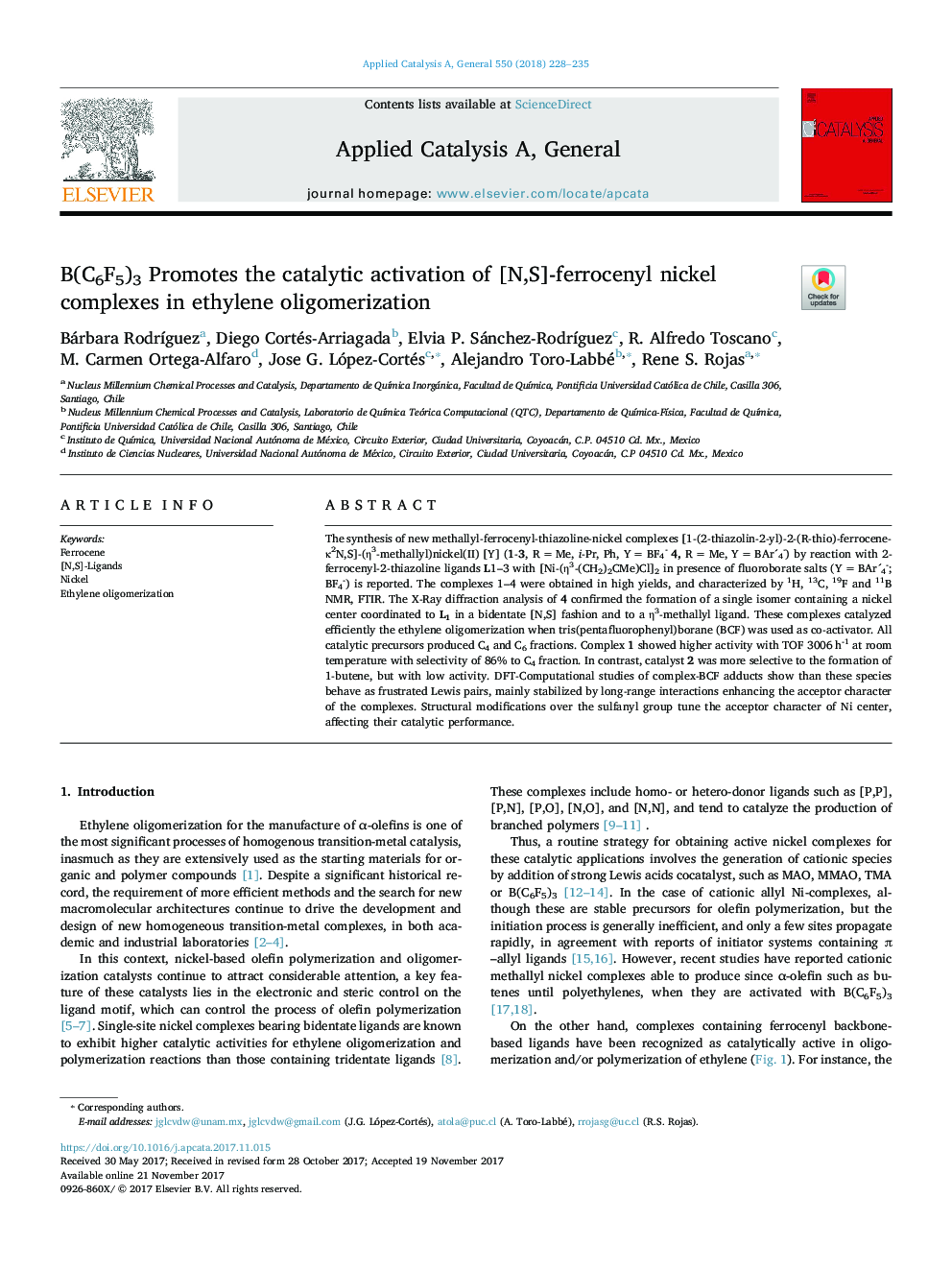 B(C6F5)3 Promotes the catalytic activation of [N,S]-ferrocenyl nickel complexes in ethylene oligomerization