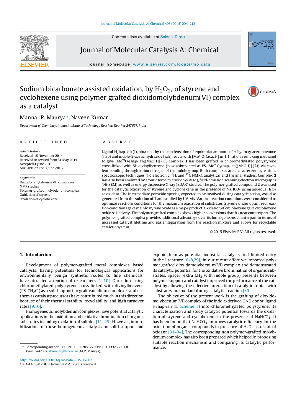 Sodium bicarbonate assisted oxidation, by H2O2, of styrene and cyclohexene using polymer grafted dioxidomolybdenum(VI) complex as a catalyst