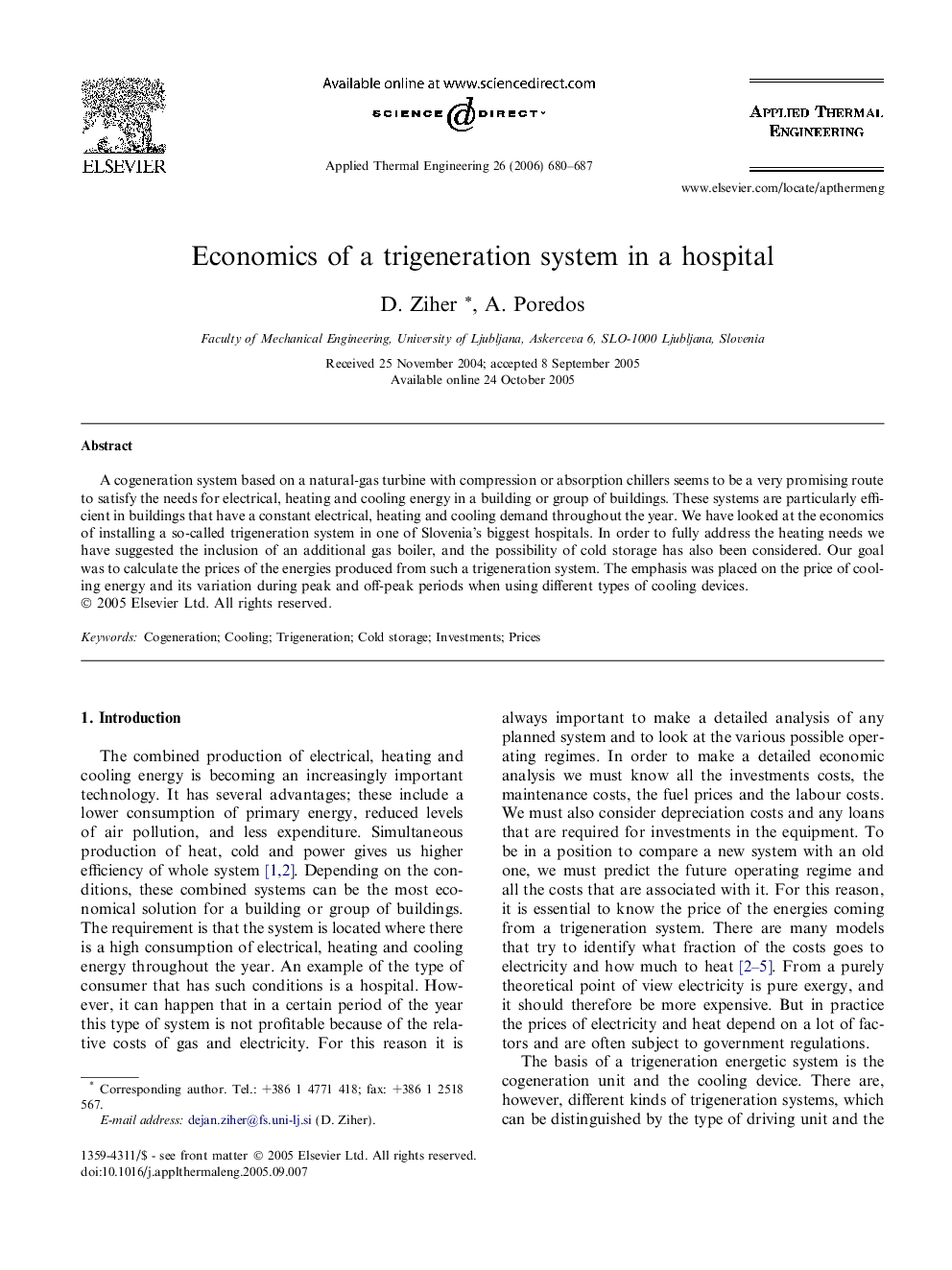 Economics of a trigeneration system in a hospital