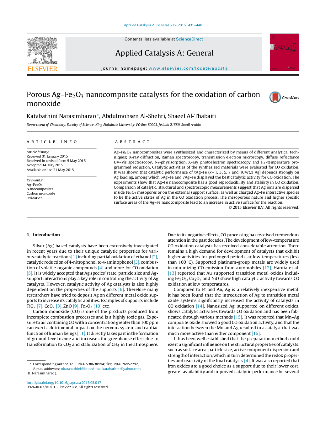 Porous Ag-Fe2O3 nanocomposite catalysts for the oxidation of carbon monoxide