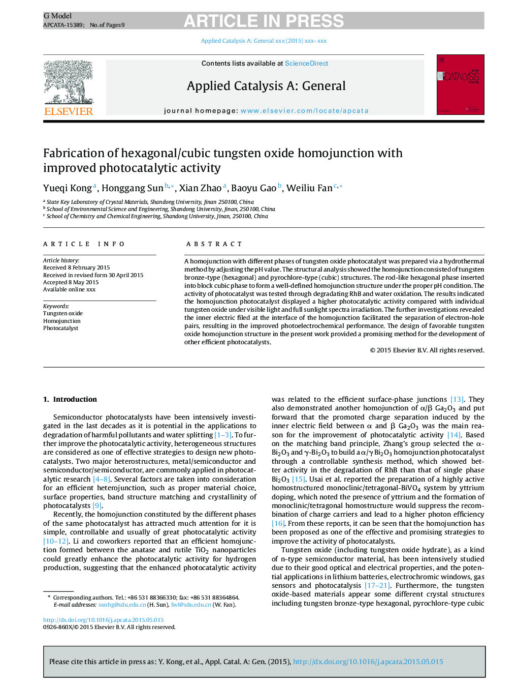 Fabrication of hexagonal/cubic tungsten oxide homojunction with improved photocatalytic activity