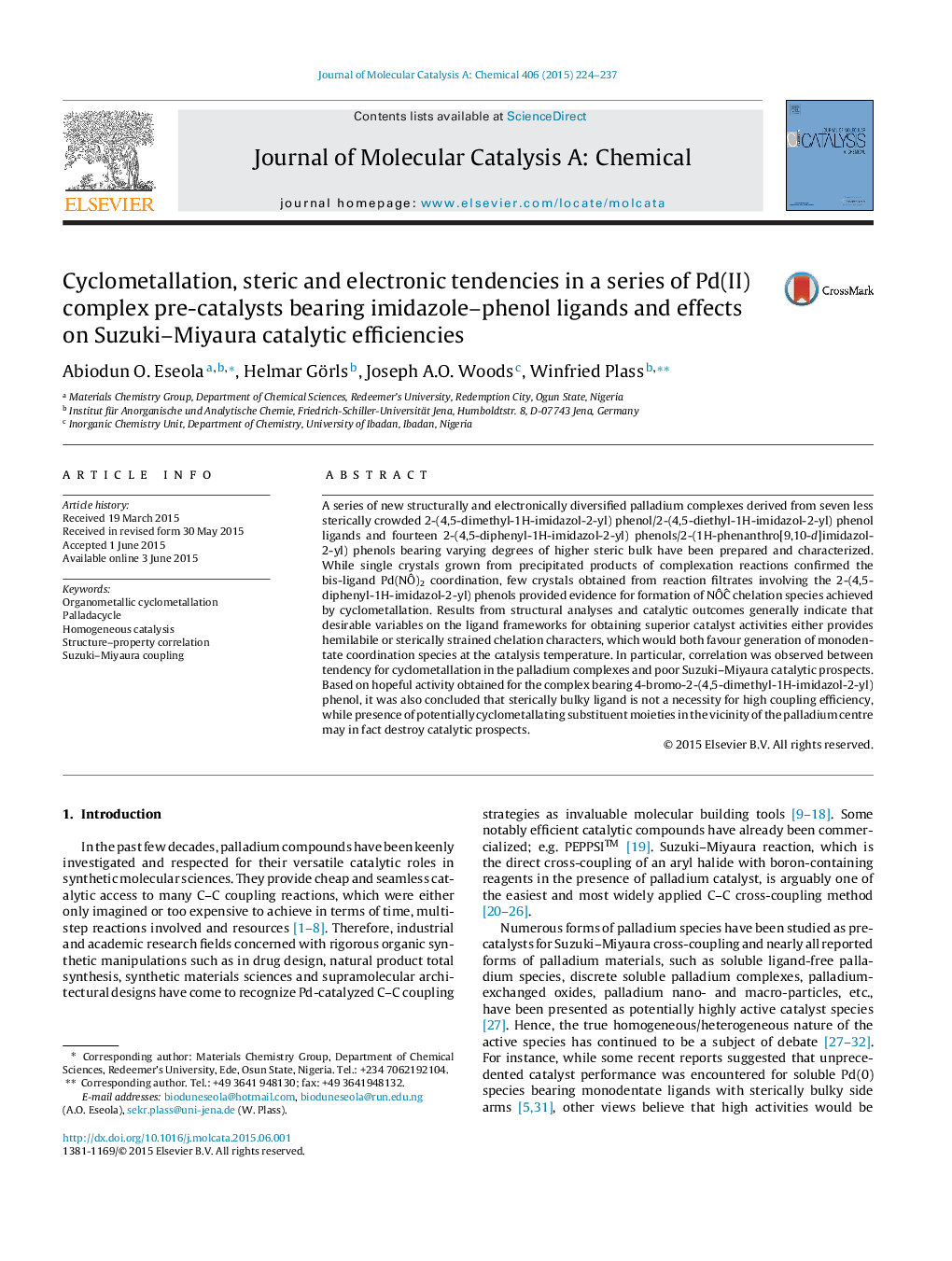 Cyclometallation, steric and electronic tendencies in a series of Pd(II) complex pre-catalysts bearing imidazole–phenol ligands and effects on Suzuki–Miyaura catalytic efficiencies