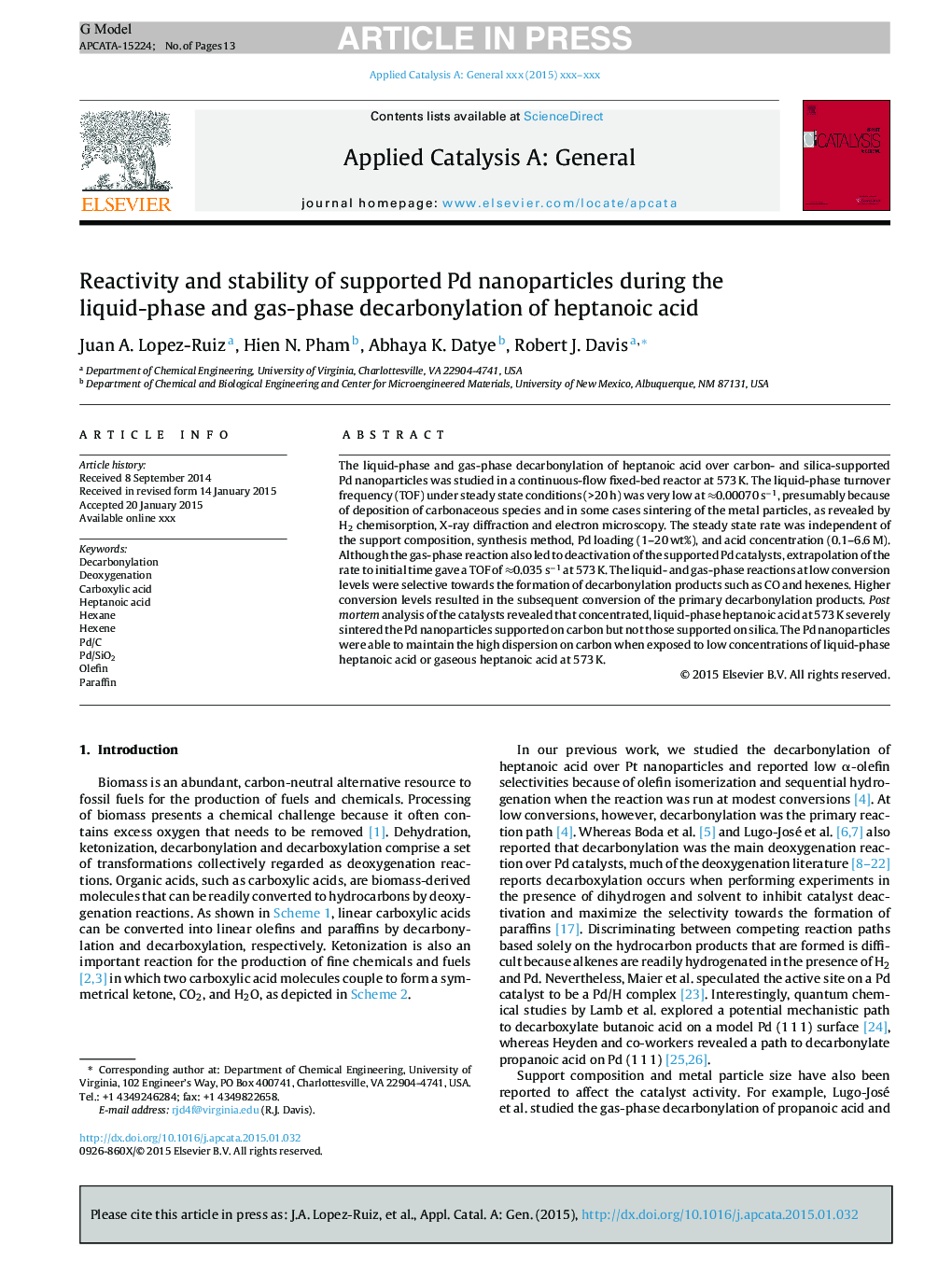 Reactivity and stability of supported Pd nanoparticles during the liquid-phase and gas-phase decarbonylation of heptanoic acid