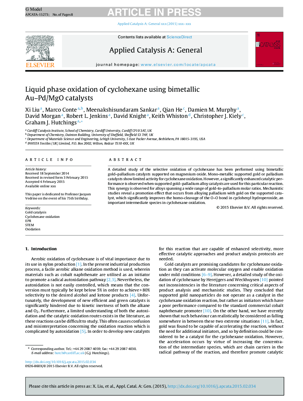 Liquid phase oxidation of cyclohexane using bimetallic Au-Pd/MgO catalysts