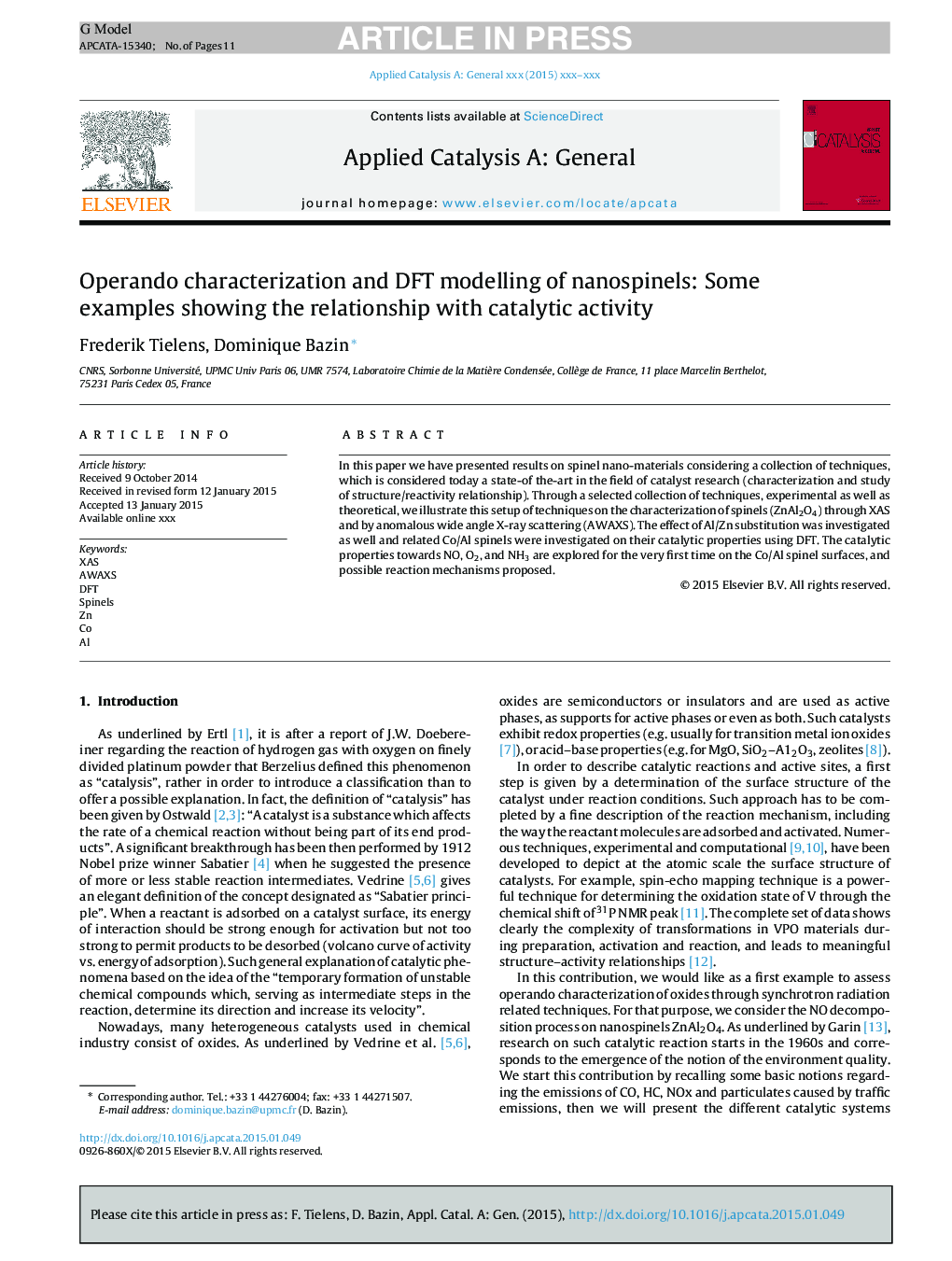 Operando characterization and DFT modelling of nanospinels: Some examples showing the relationship with catalytic activity