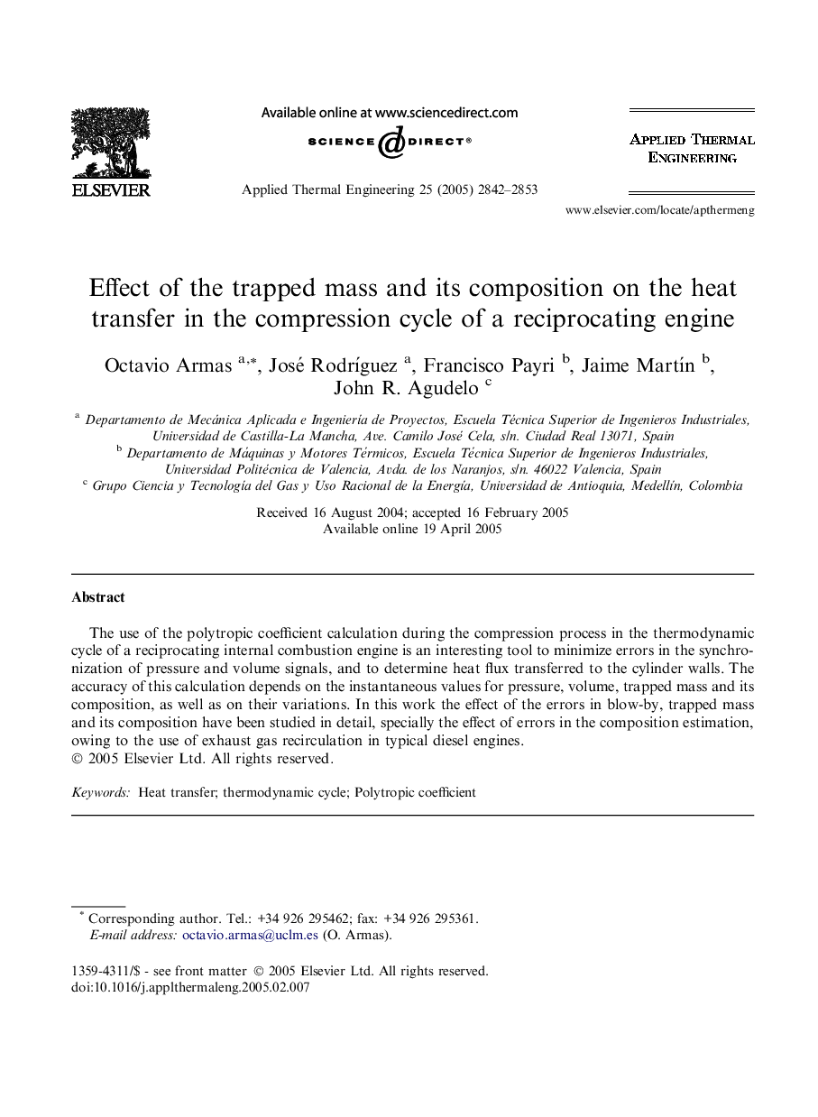 Effect of the trapped mass and its composition on the heat transfer in the compression cycle of a reciprocating engine