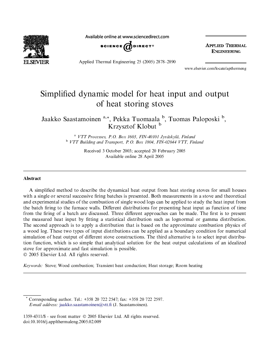 Simplified dynamic model for heat input and output of heat storing stoves