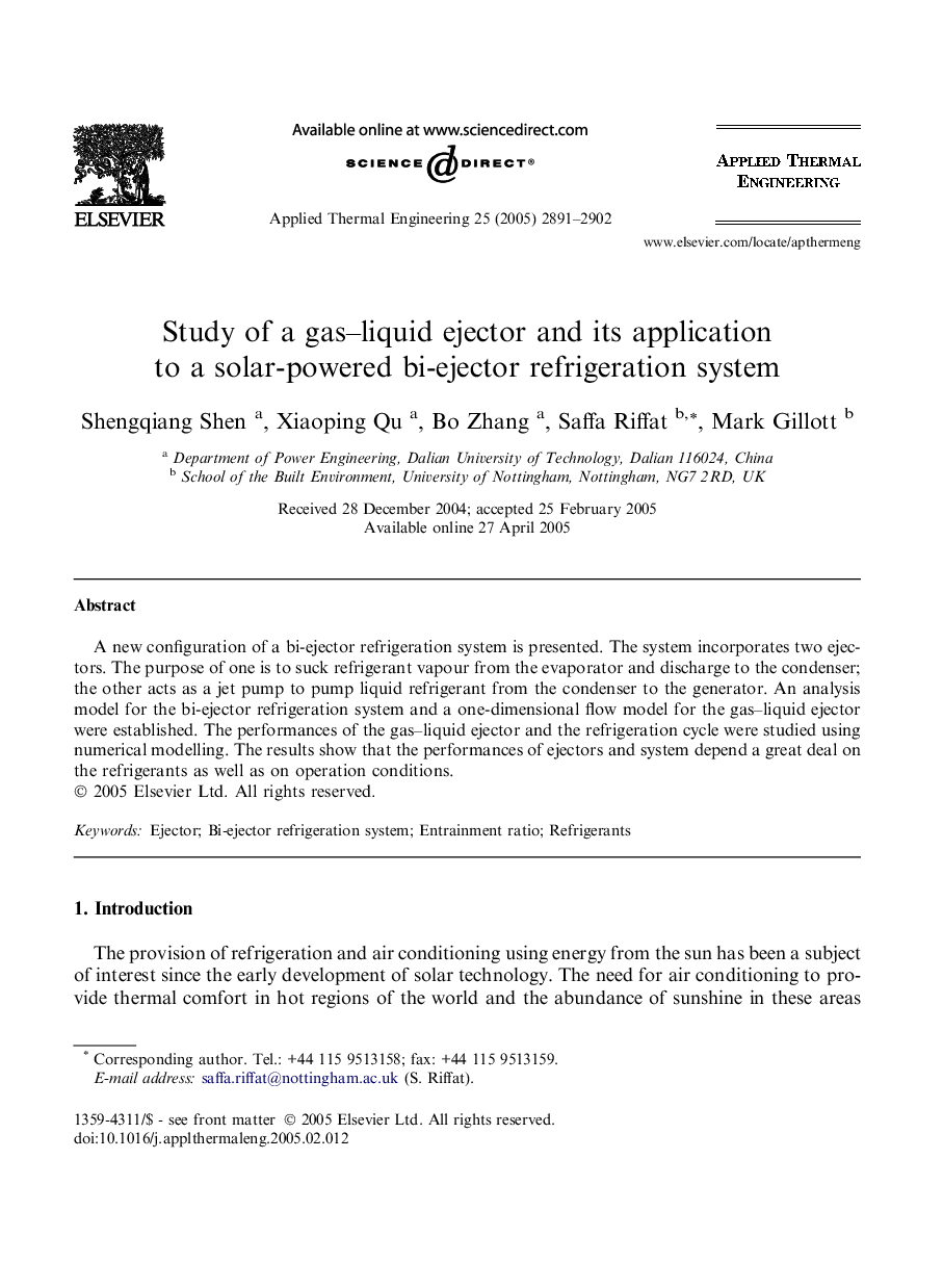 Study of a gas–liquid ejector and its application to a solar-powered bi-ejector refrigeration system