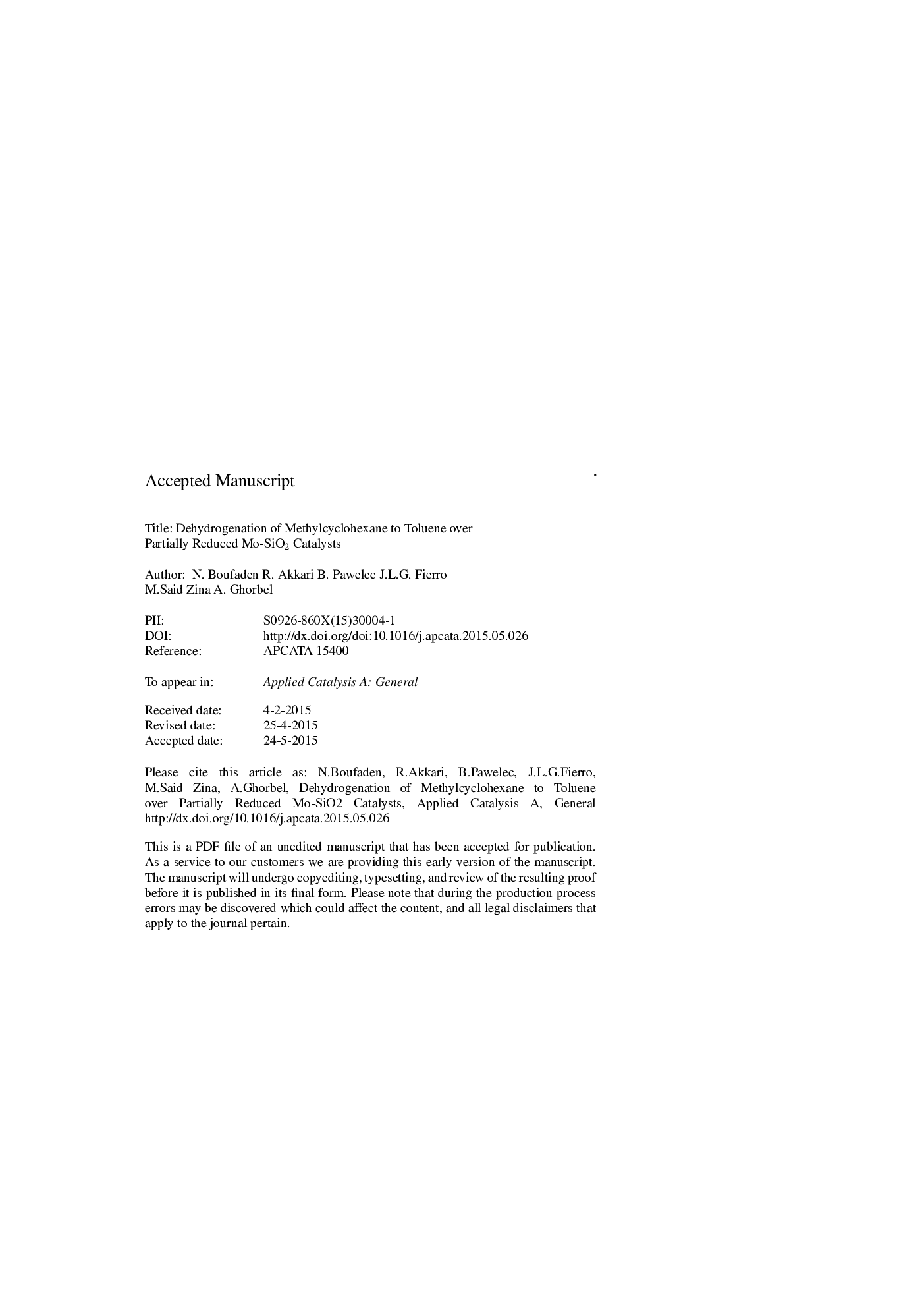 Dehydrogenation of methylcyclohexane to toluene over partially reduced Mo-SiO2 catalysts