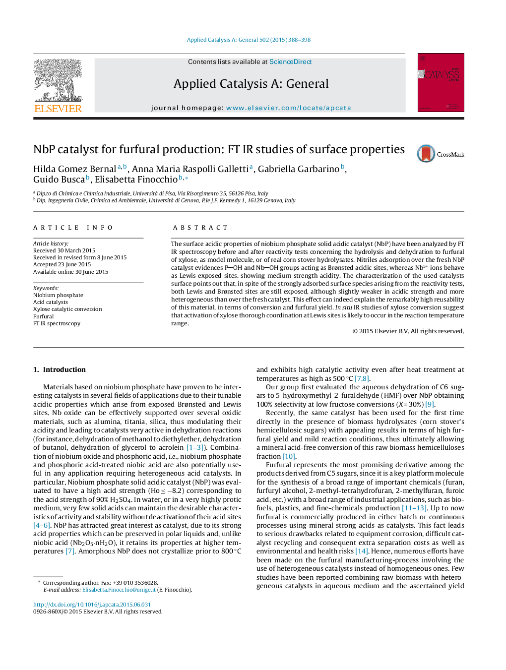 NbP catalyst for furfural production: FT IR studies of surface properties