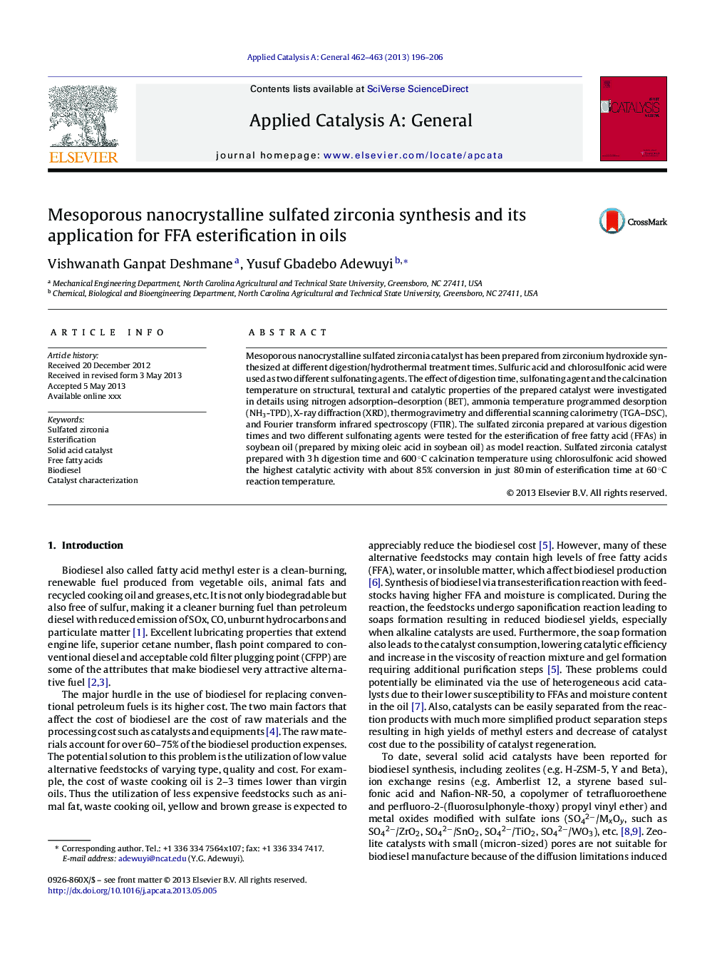 Mesoporous nanocrystalline sulfated zirconia synthesis and its application for FFA esterification in oils