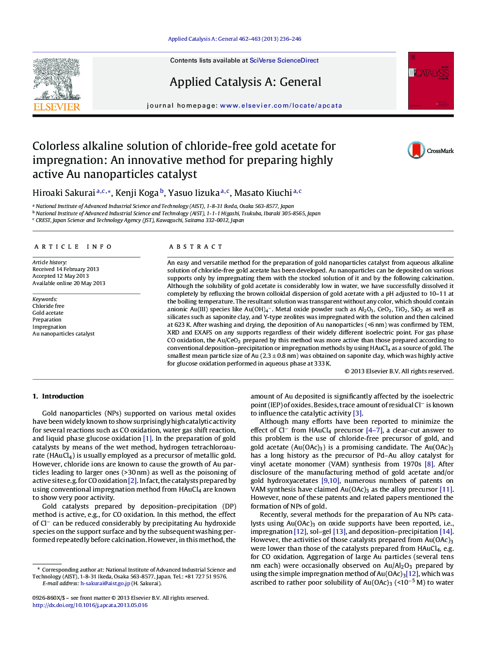 Colorless alkaline solution of chloride-free gold acetate for impregnation: An innovative method for preparing highly active Au nanoparticles catalyst