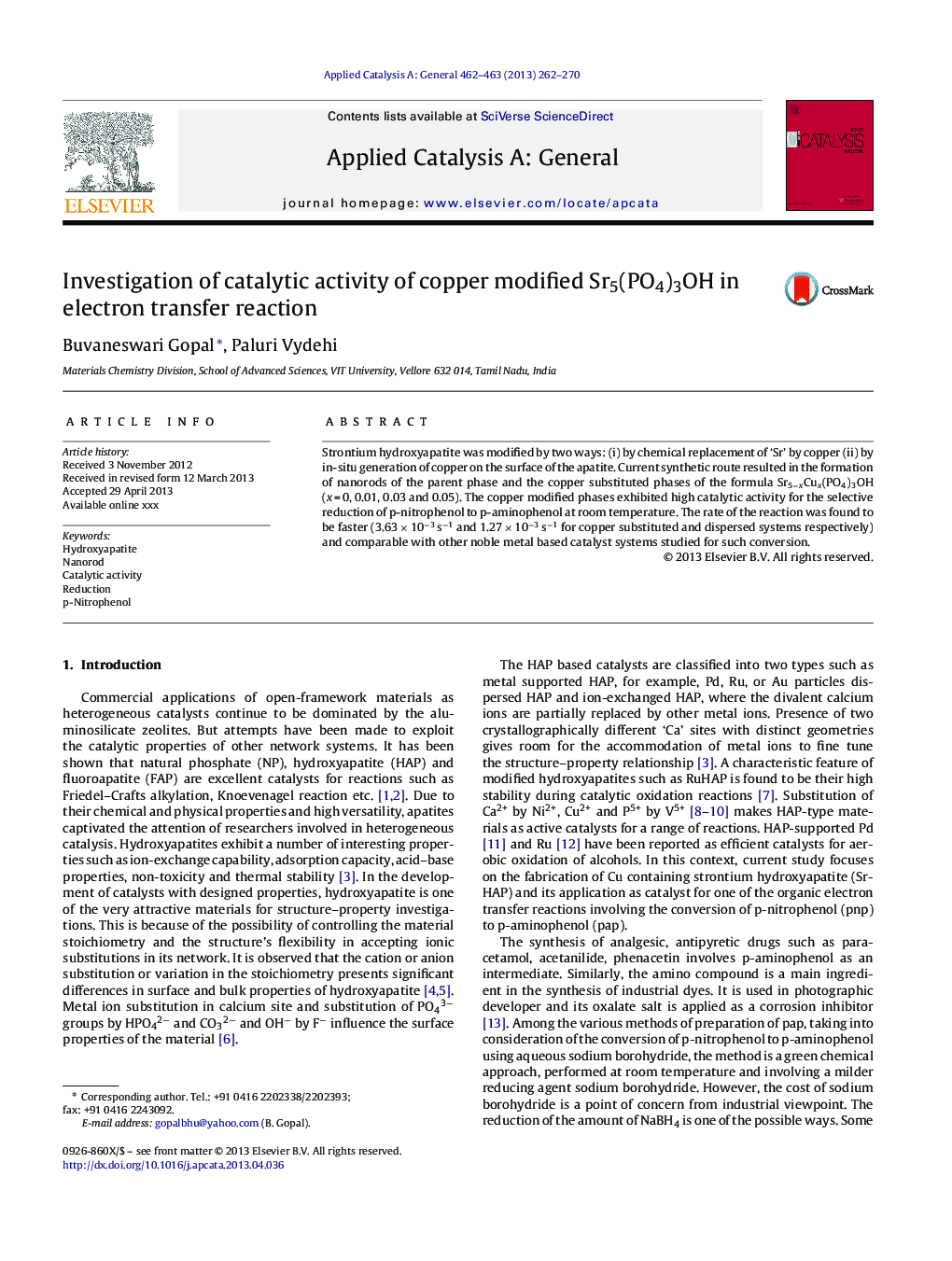 Investigation of catalytic activity of copper modified Sr5(PO4)3OH in electron transfer reaction